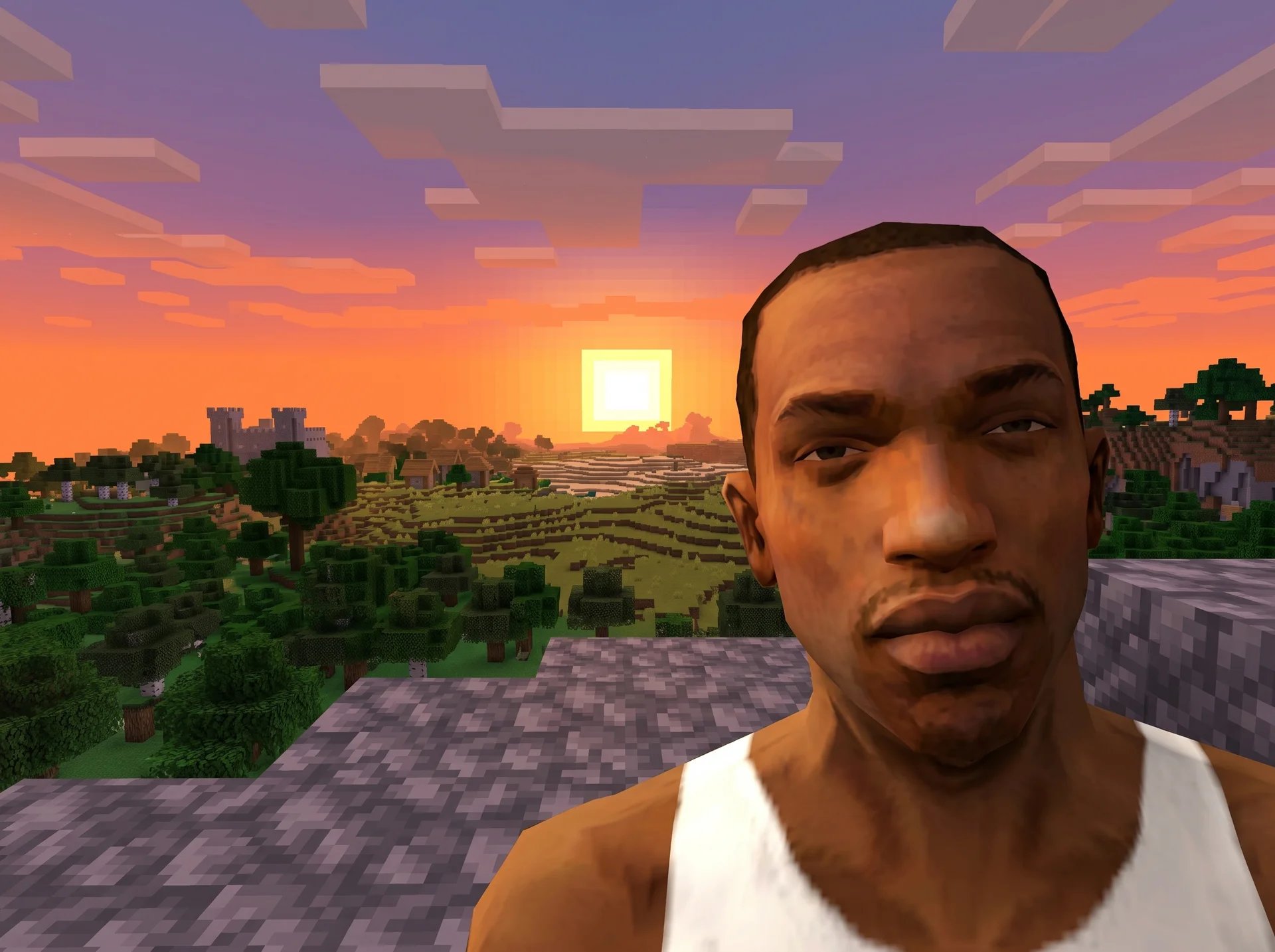 CJ in a Minecraft-style world at sunset
