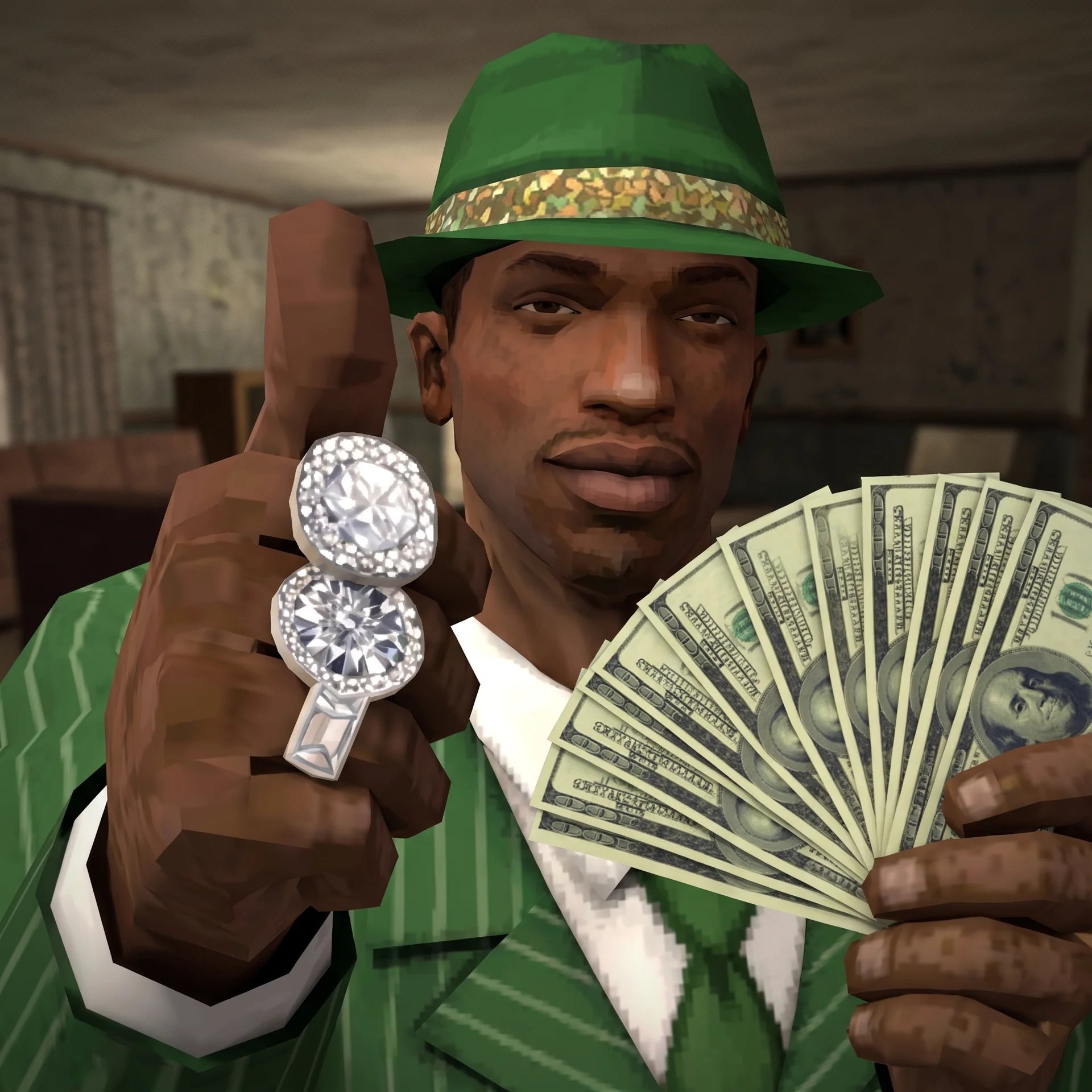 CJ in a green fedora holding cash and diamond rings