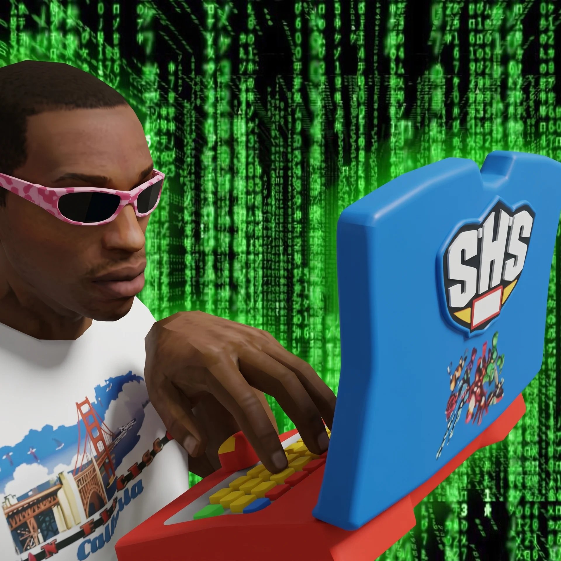 CJ typing at a toy computer in front of a matrix code background