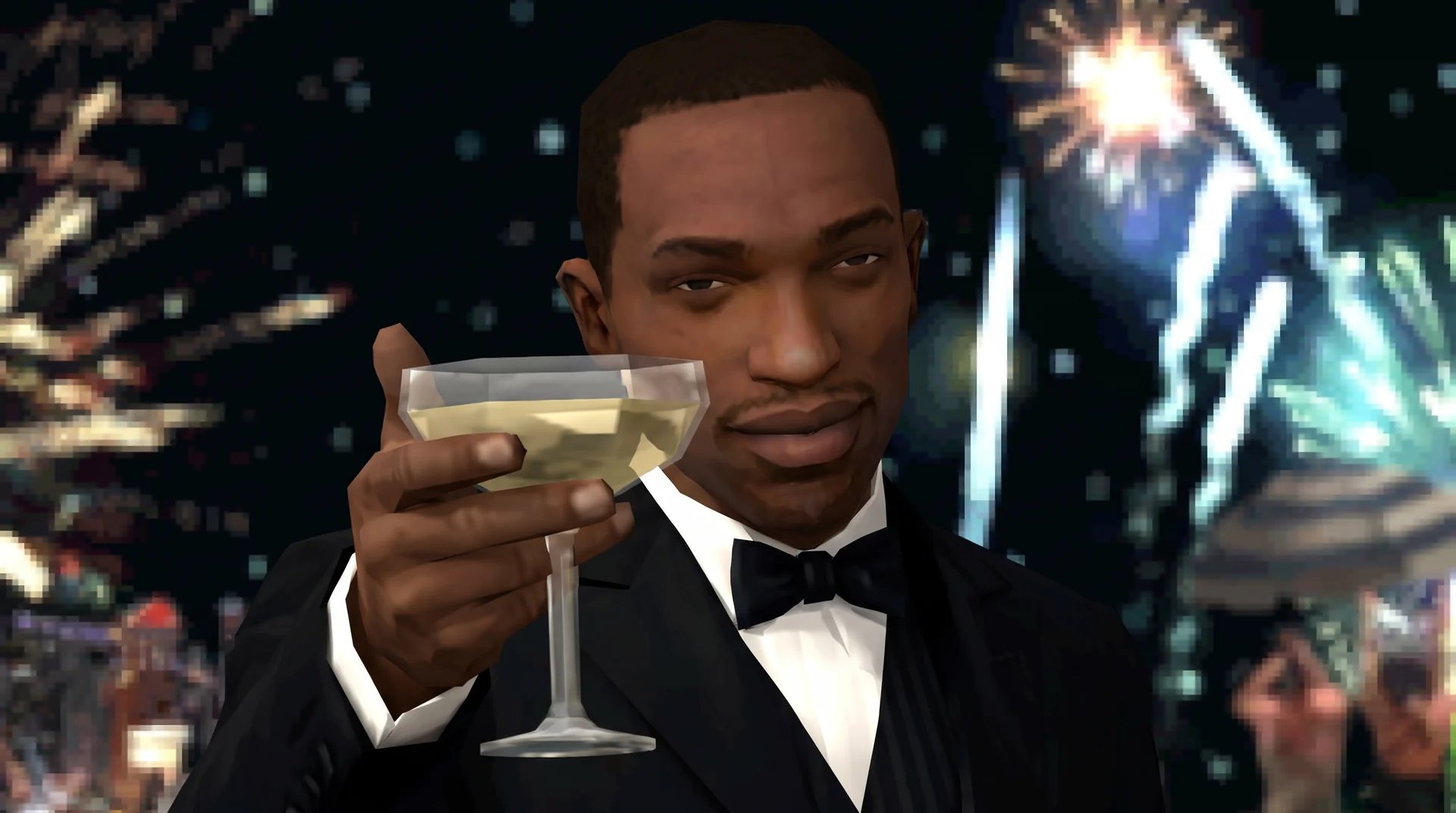 CJ in a tuxedo toasting champagne with fireworks behind him