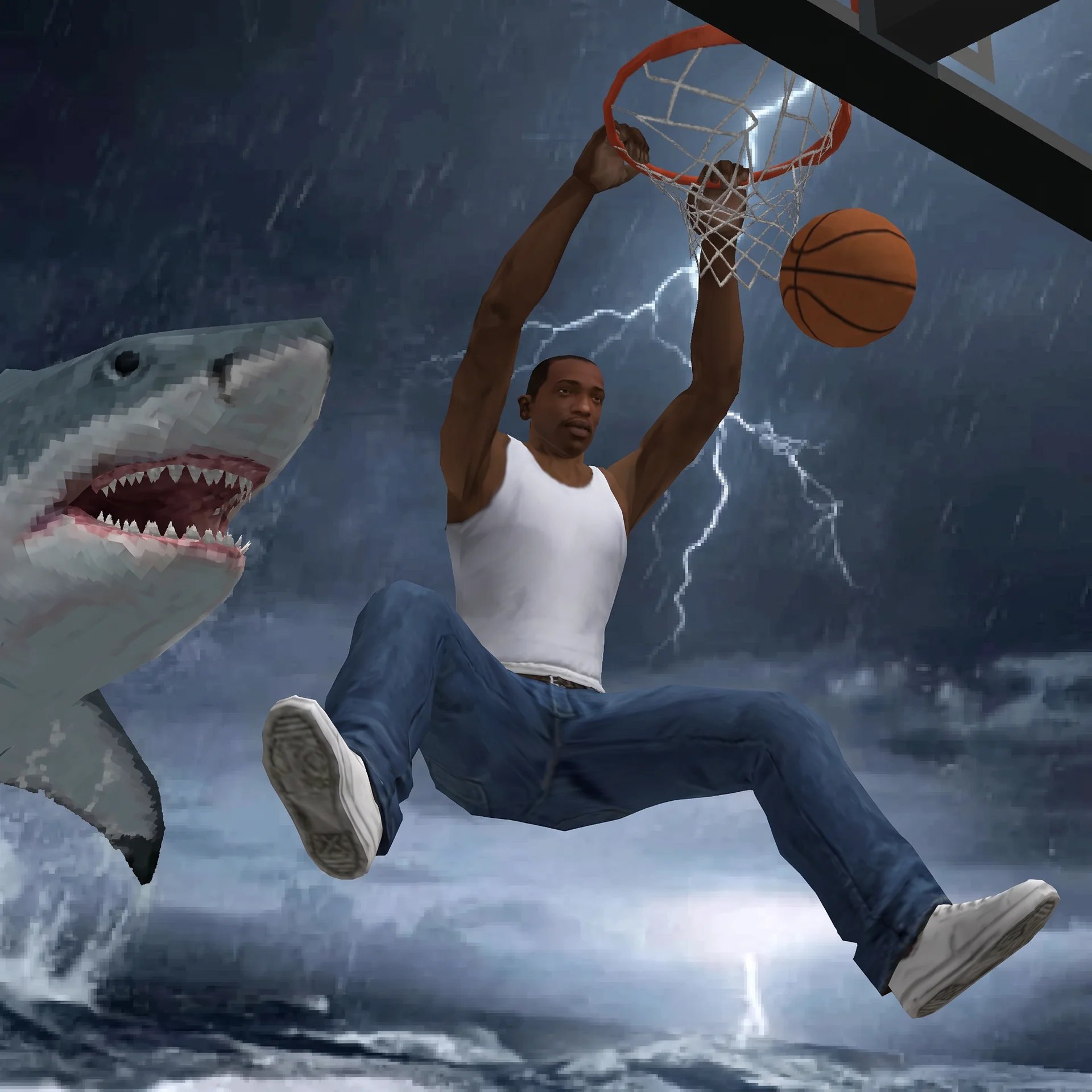 CJ dunking a basketball next to a shark during a storm