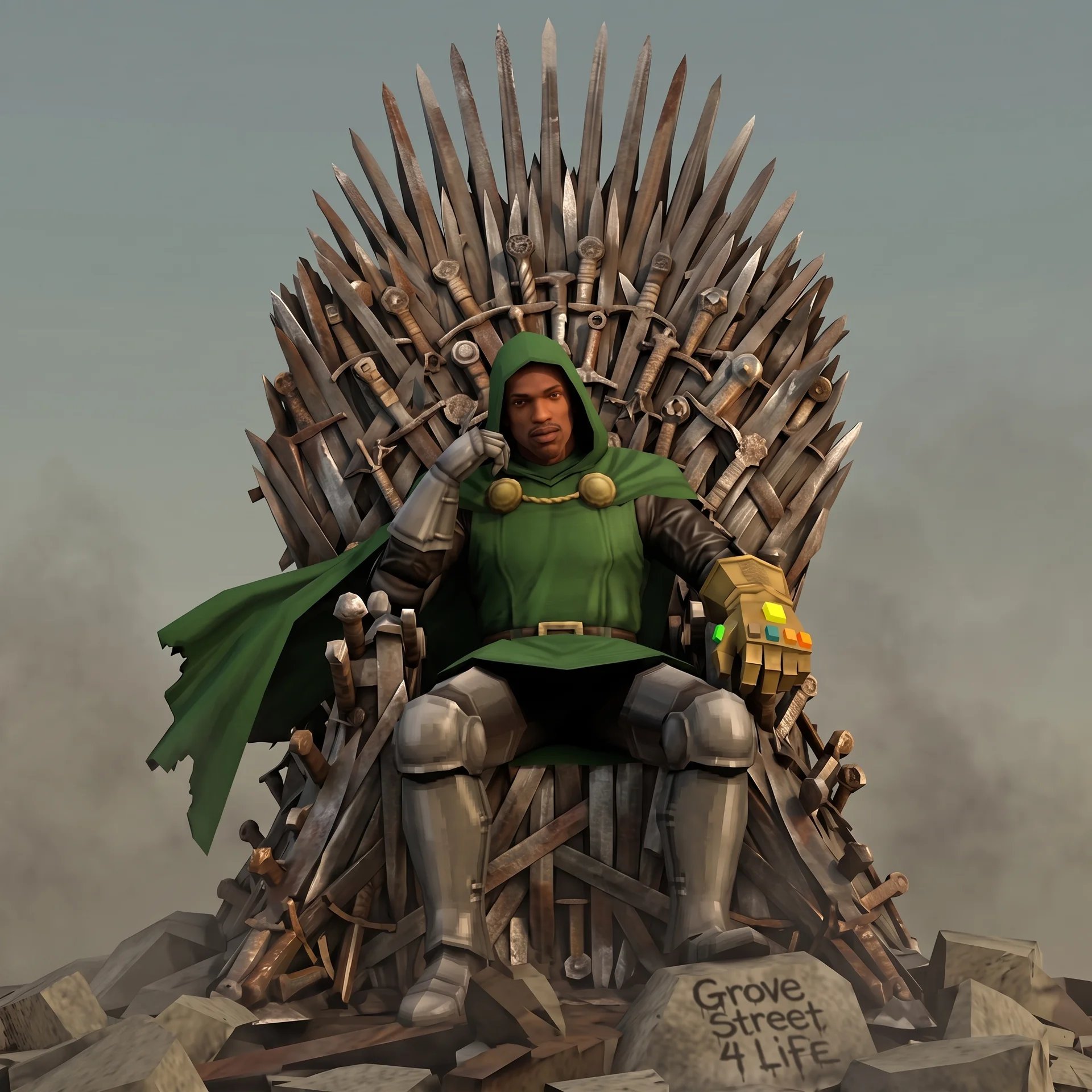 CJ sitting on the Iron Throne in armor with Grove Street 4 Life carved in stone