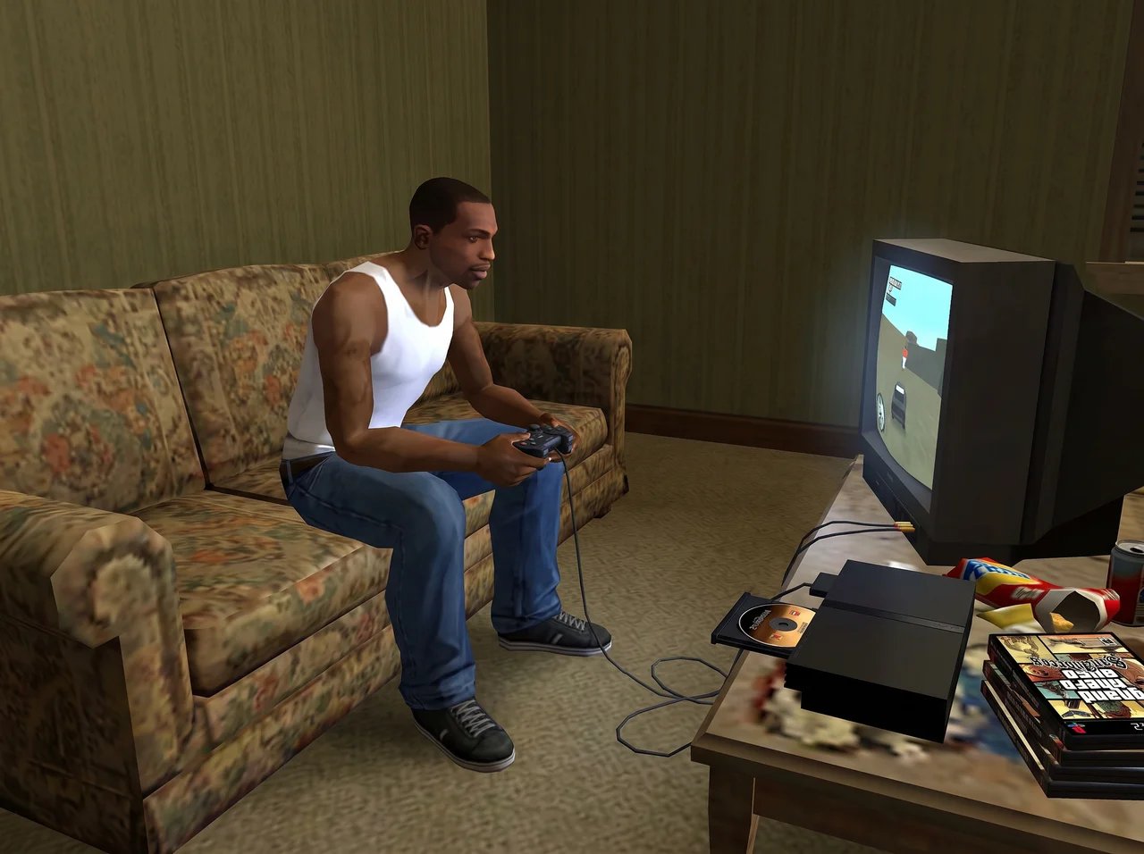CJ playing a PS2 on the couch