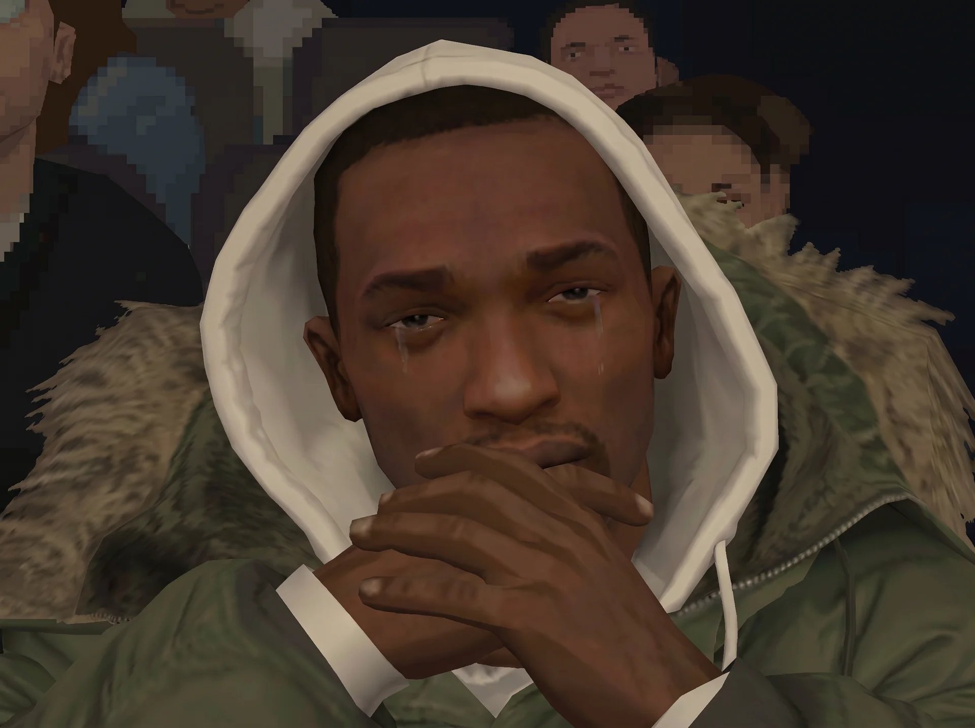 CJ crying in a hoodie in a crowd