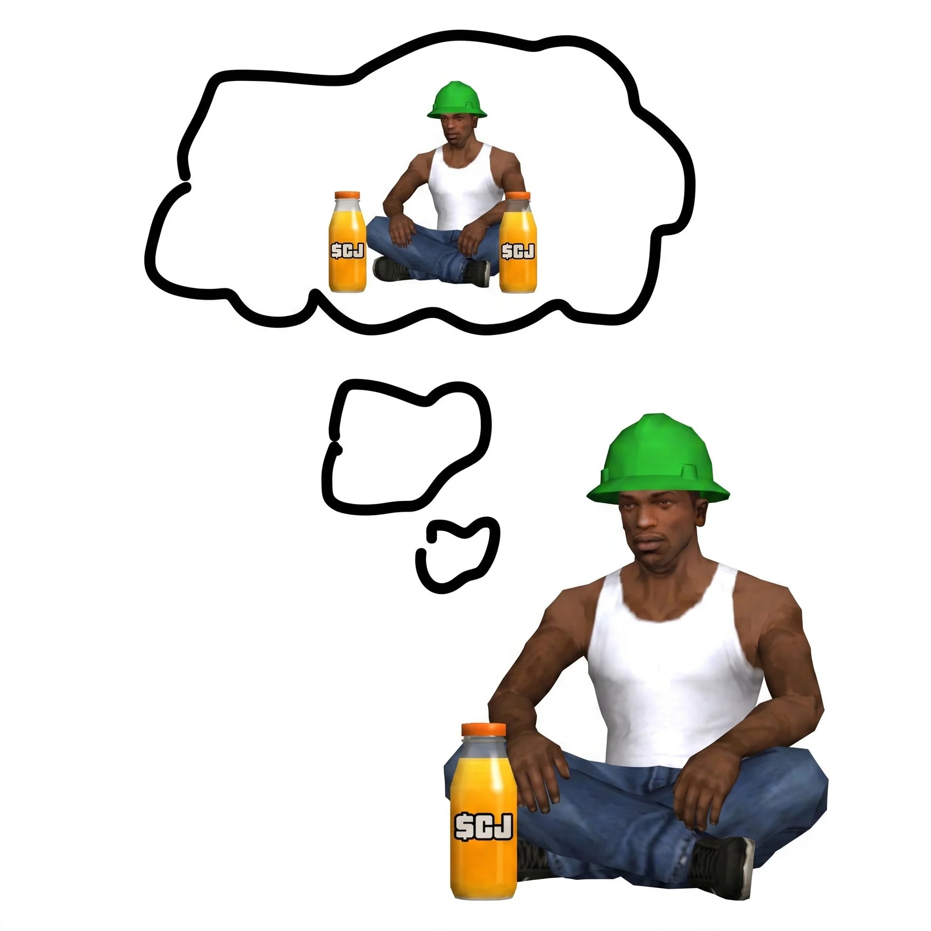 CJ in a hard hat thinking about bottles of $CJ juice