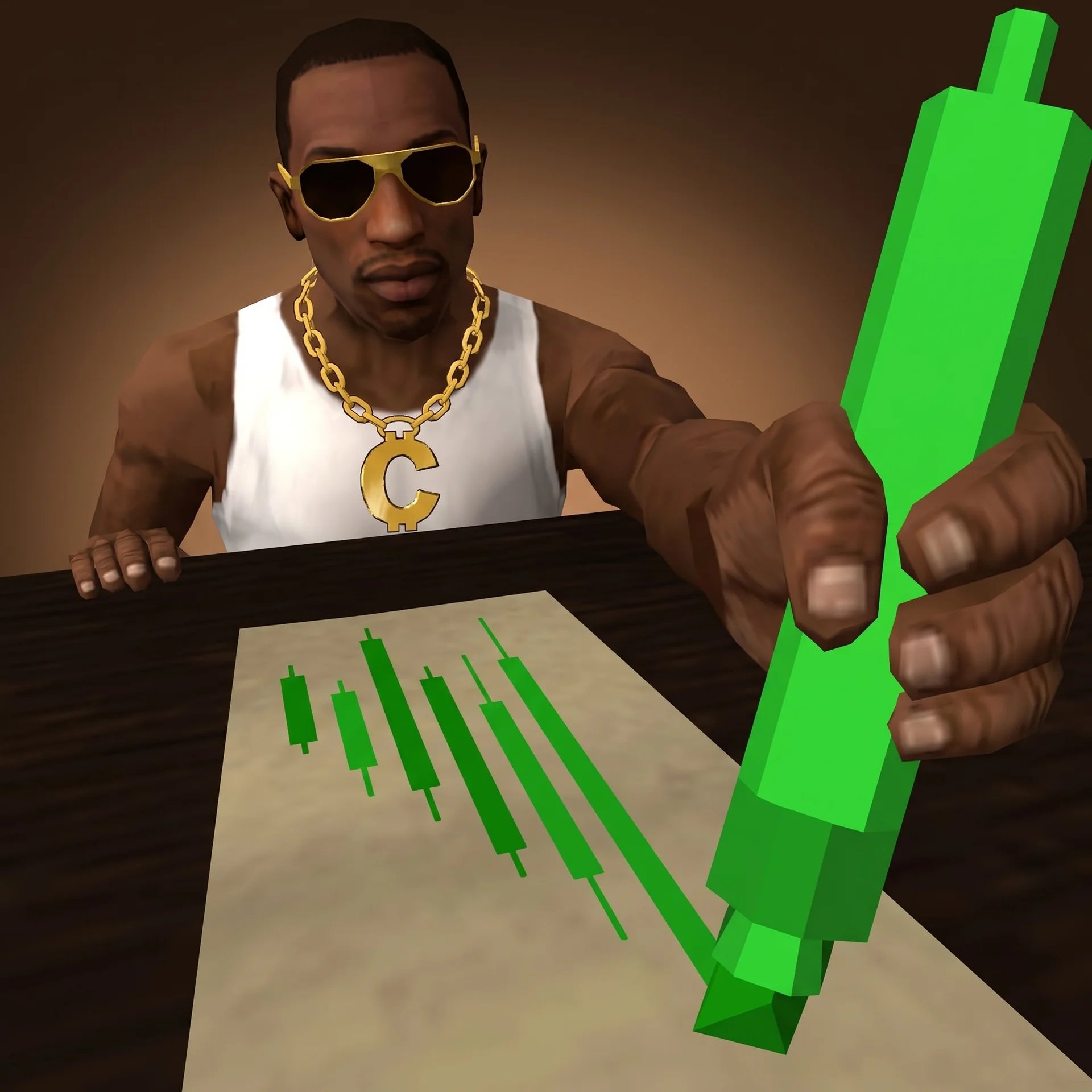 CJ wearing a gold C chain in front of a rising candlestick chart