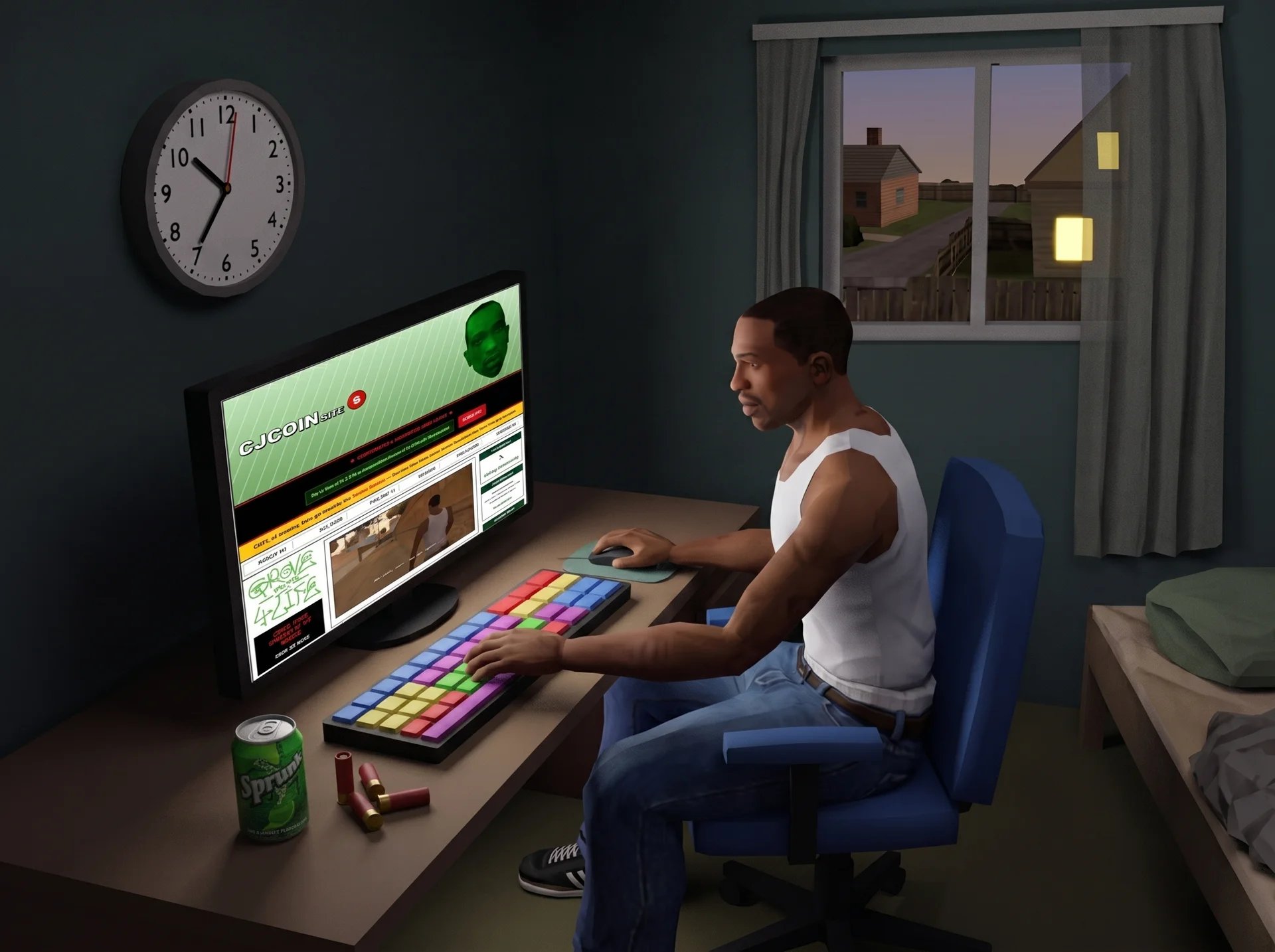 CJ at his computer at night with the CJCOIN.SITE homepage on screen