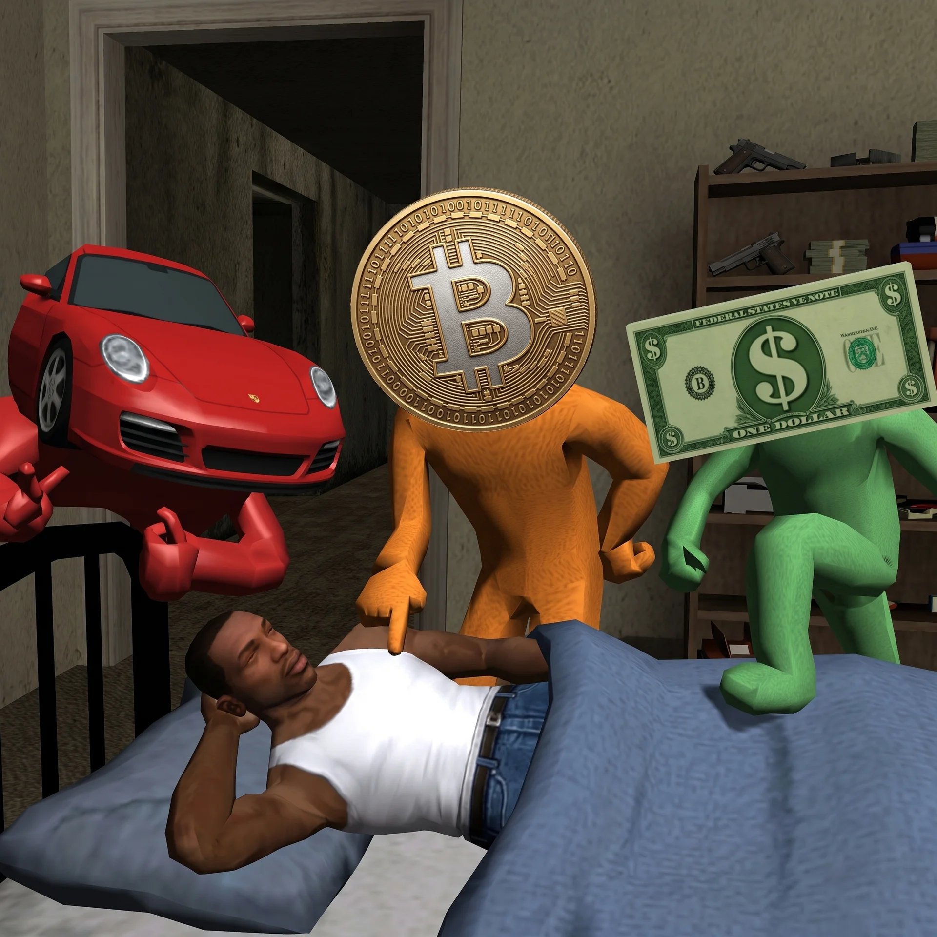 CJ lying in bed next to Bitcoin and dollar figures
