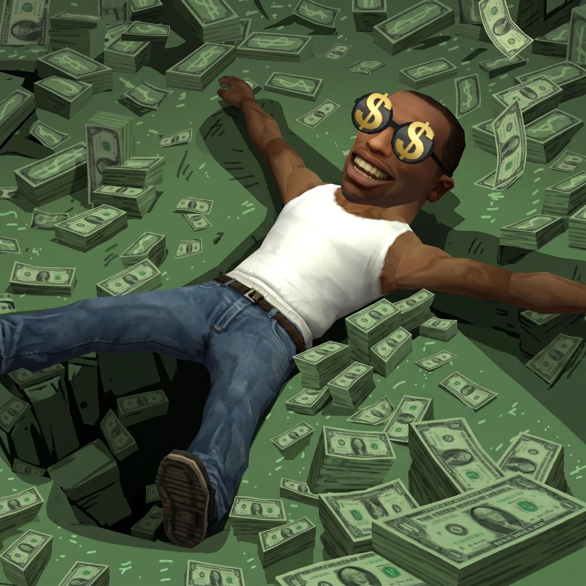 CJ lying in a pile of cash wearing dollar sign glasses