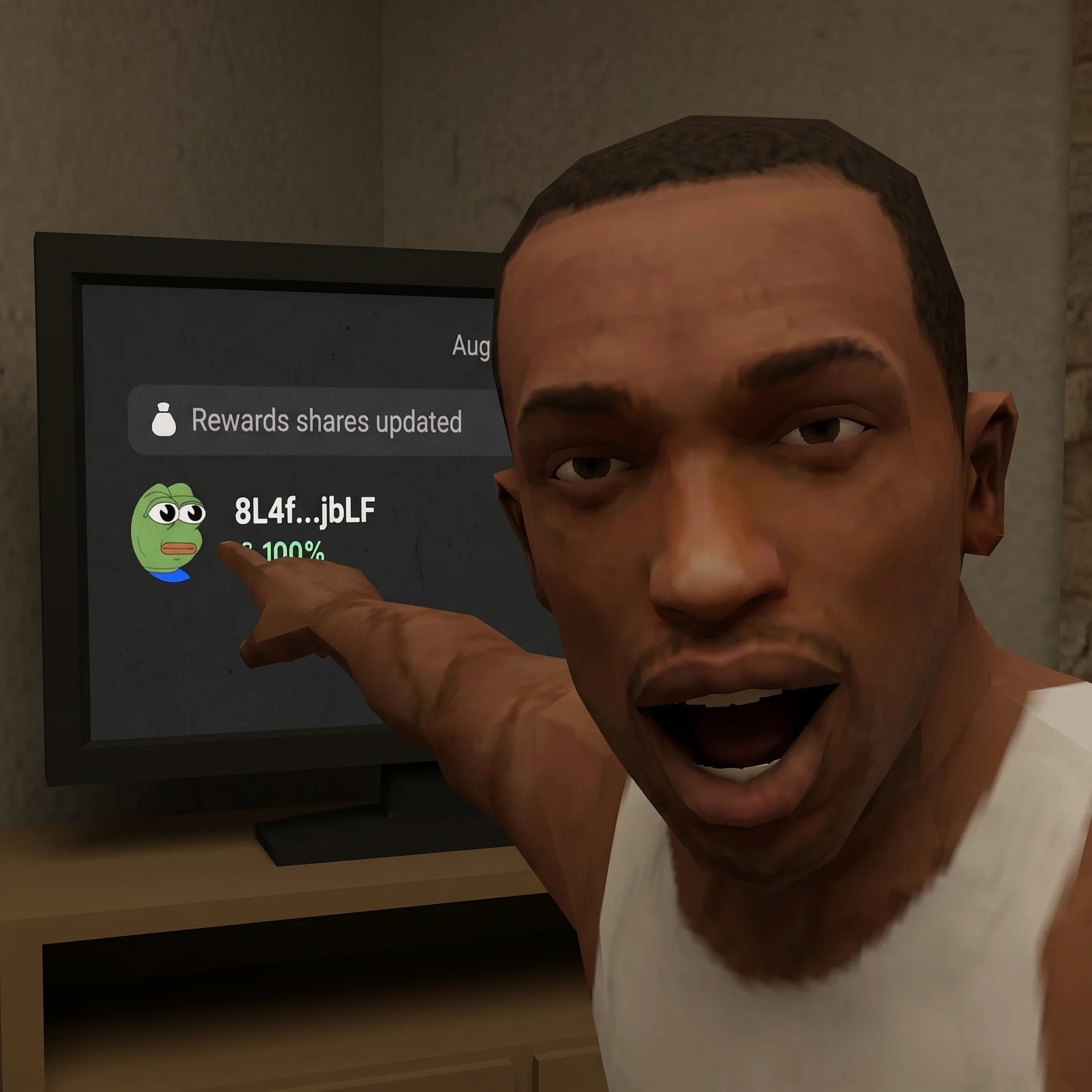 CJ pointing at a rewards notification on a TV screen