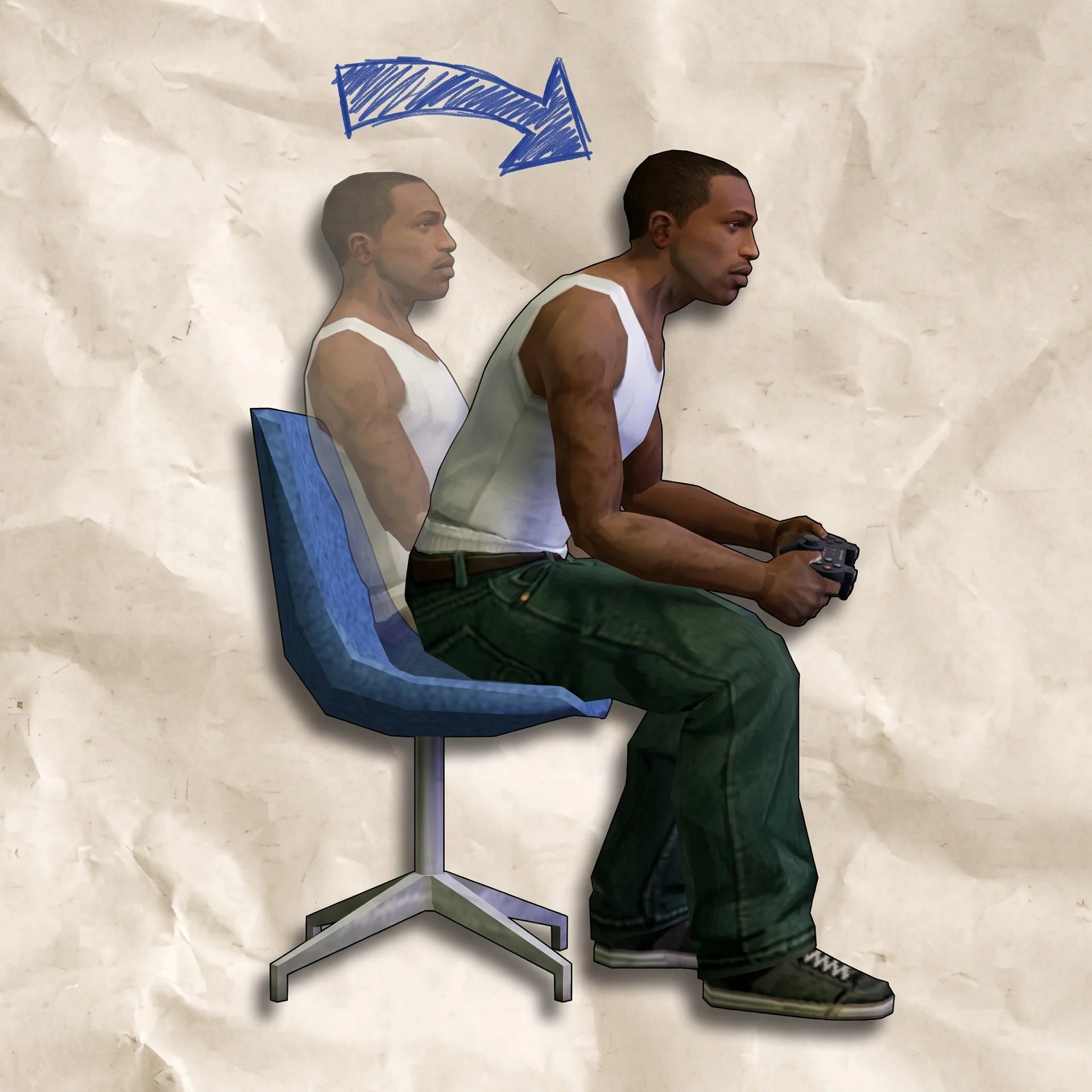 CJ sitting playing a controller with a motion-blurred double exposure