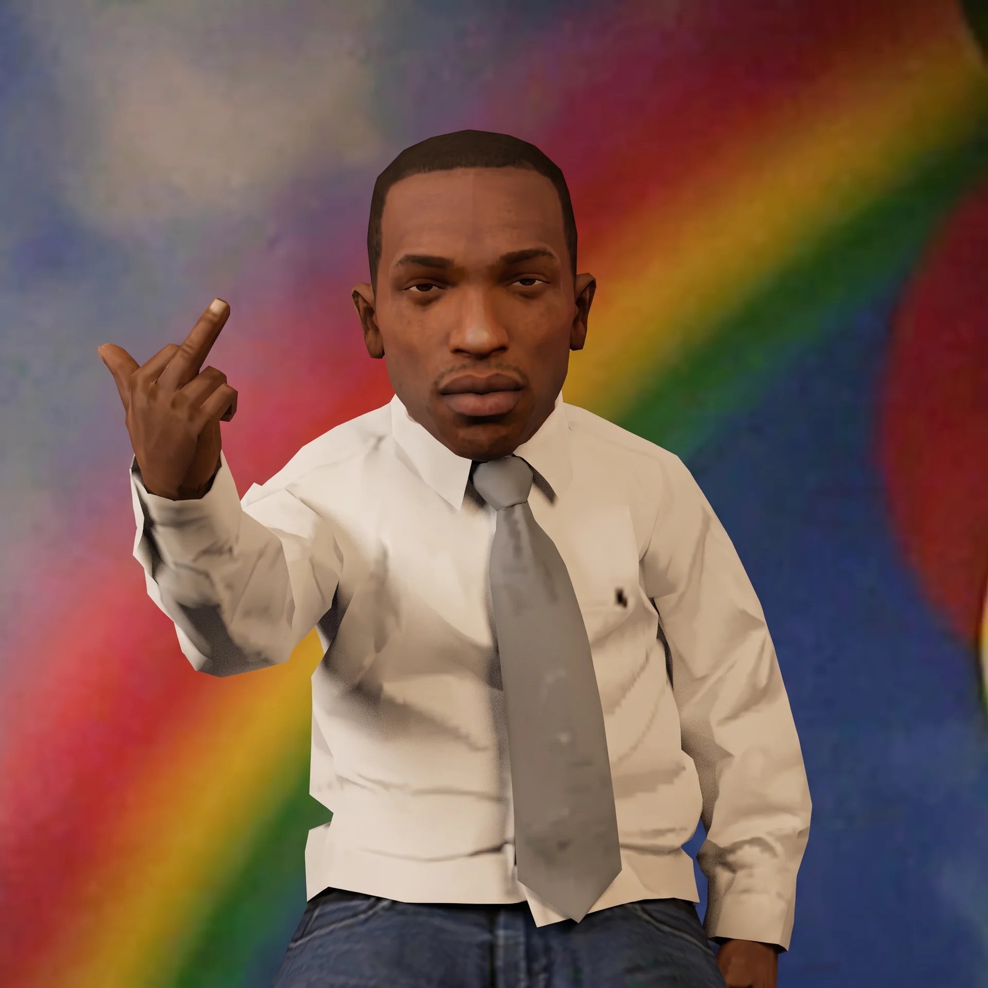 CJ in a shirt and tie holding up a middle finger