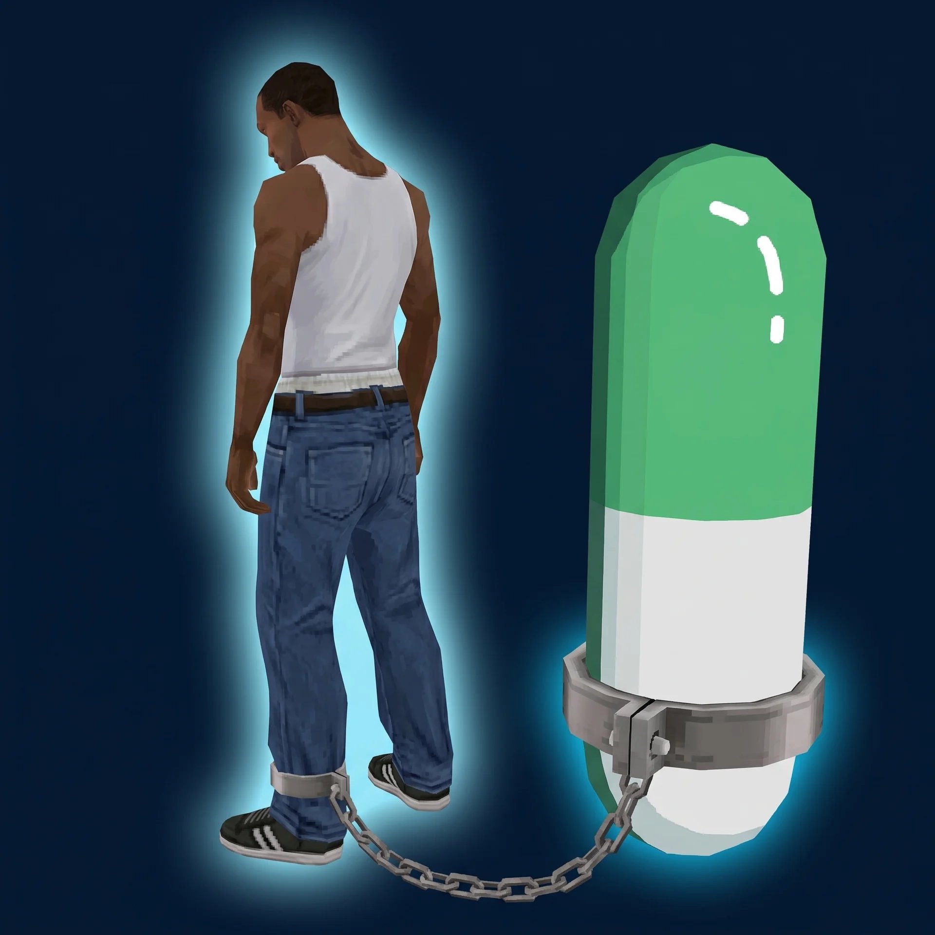 CJ with an ankle chain attached to a giant pill